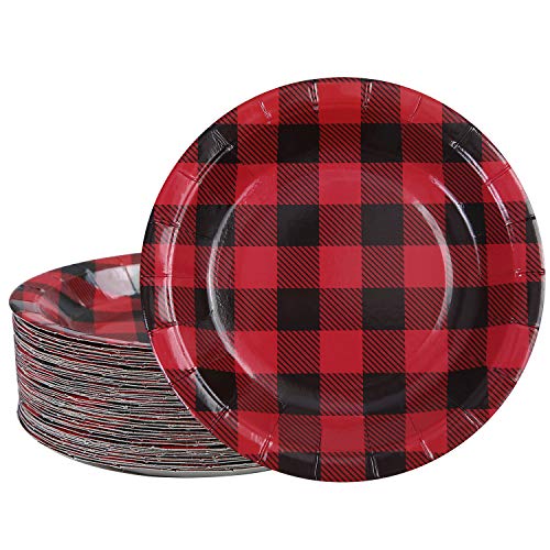 Product Cover Aneco 60 Pieces Red and Black Plaid Paper Plates Disposable Plates Round Plates Party Supplies for Party, 7 Inches