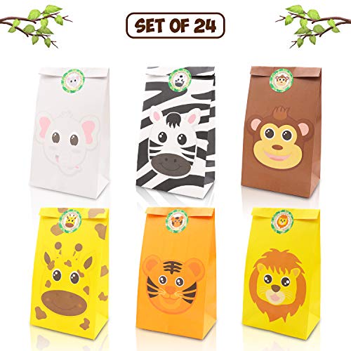 Product Cover Jungle Safari Animals Favor Goodie Bags Zoo Animals Birthday Treat Goody Gift Bags for Kids Baby Shower Birthday Party Favor Decorations Supplies Set of 24