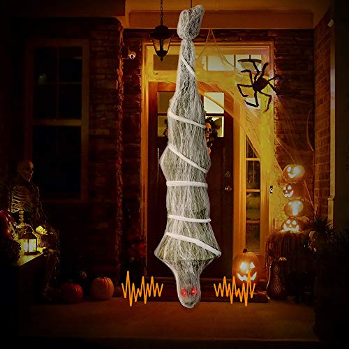 Product Cover VATOS Halloween Decorations Cocoon Corpse, 74 Inch Hanging Corpses Props Scary Skeleton Body with LED Skull Eyes Inside Spider Web for Haunted Yard Indoor & Outdoor Decor Terror Props