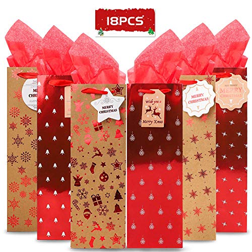 Product Cover Haojiake 18 Pack Christmas Wine Bags Bottle Gift Bags with Red Gilding, Including 18 Christmas Labels, Bottle Totes for Christmas Holiday Presents