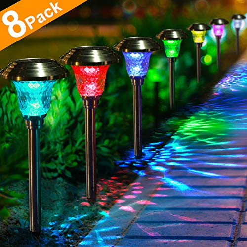 Product Cover Solar Lights with 7 Color Changing Pathway Outdoor Garden Stake Glass Stainless Steel Waterproof Auto On/off Sun Powered Landscape Colorful Lighting Effect for Yard Patio Walkway In-Ground Spike