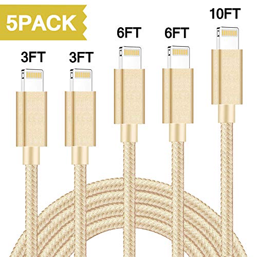 Product Cover Lightning Cable MFI Certified iPhone Charger Cable 5 Pack 3FT/6FT/10FT Durable iPhone Cable Fast Lightning Cable Nylon Braided USB Cord Compatible iPhone XS/Max/XR/X/8/8P/7P/6S/iPad/iPod/IOS (Gold)