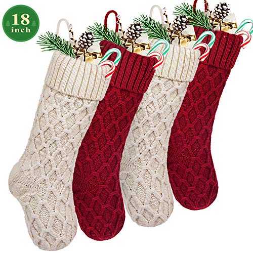 Product Cover LimBridge Christmas Stockings, 4 Pack 18 inches Cable Knit Honeycomb Knitted Xmas Rustic Personalized Stocking Decorations for Family Holiday Season Decor, Burgundy and Cream