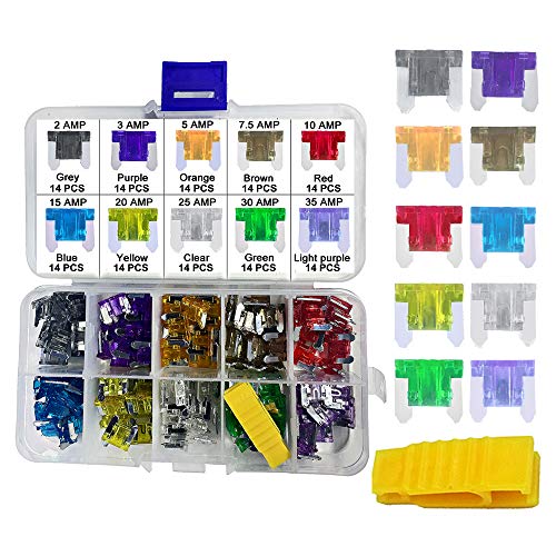 Product Cover 140 PCS Low Profile Mini Car Blade Fuses - MuHize Truck LP-Mini Fuse Assorted Kit (2 3 5 7.5 10 15 20 25 30 35 AMP) with Puller Tool, Car Boat Truck SUV Automotive RV Fuses Replacement