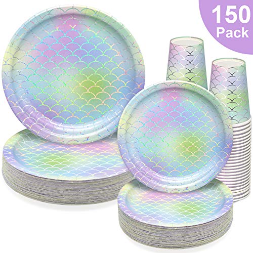 Product Cover 150 PCS Mermaid Party Supplies Paper Dinnerware Set - Bridal Wedding Baby Shower Girl Birthday Hawaii Ocean Cocktail Party Disposable Tableware with 50 Dinner Plates, 50 Dessert Plates, 50 9 oz Cups
