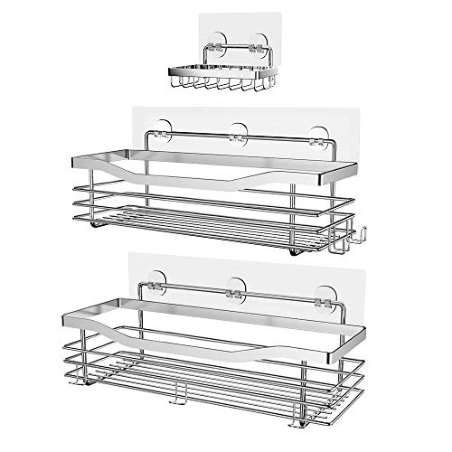 Product Cover Orimade Shower Caddy Basket Soap Dish Holder Shelf with 5 Hooks Bathroom Organizer Shelf Kitchen Storage Rack Wall Mounted Adhesive No Drilling SUS304 Stainless Steel - 3 Pack