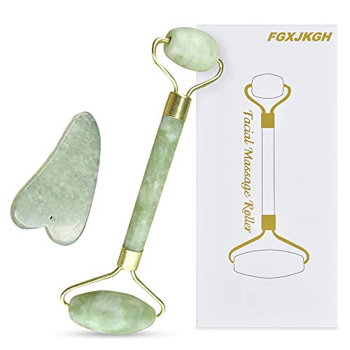 Product Cover Jade Roller Gua Sha Set-Jade Roller For Face 2020 UPGRADED FGXJKGH Facial Roller Massager Body Eyes Neck Massager Tool for Eye Puffiness,Aging Release Pressure-100% Original Natural Jade Stone (GREEN)