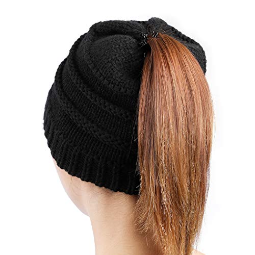 Product Cover Tusscle Ponytail Beanie Hats for Women, Winter Warm Ponytail Hats Soft Stretch Cable Knit Messy High Bun Knitted bun Hats for Outdoor Black