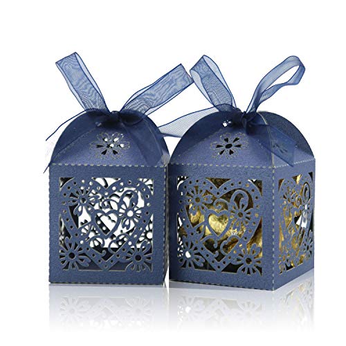 Product Cover COTOPHER 100 Pack Love Heart Laser Cut Candy Boxes Wedding Party Favor Boxes Small Gift Boxes for Wedding Bridal Shower Baby Shower Birthday Party (100, Navy)