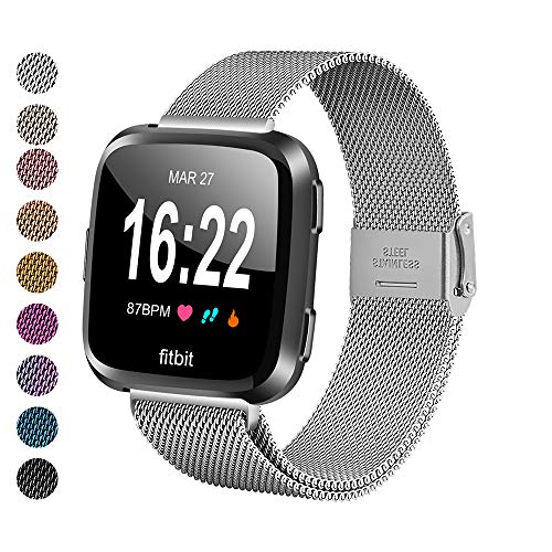 Product Cover MEFEO Compatible with Fitbit Versa Bands, Stainless Steel Metal Band Mesh Bracelet with Strong Magnet Lock Wristbands Replacement for Fitbit Versa/Versa 2/Versa Lite/SE (Silver, Small)