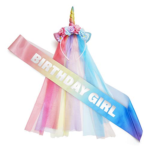 Product Cover Rainbow Unicorn Party Supplies - Pastel Decorations, Headband, and Sash for Girls - Themed Costume Outfit for Bachelorette, Birthday - Colorful, Magical Hat for Adults and Children