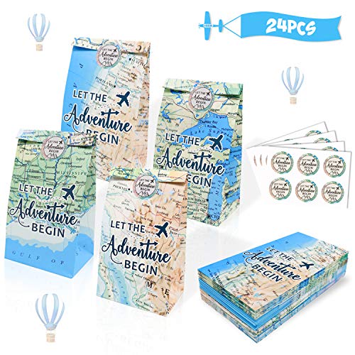 Product Cover Adventure Themed Party Favors Bags Let the Adventure Begin Gift Bags Adventure Awaits Bon Voyage Travel Retirement Farewell Themed Party Treat Bags Travel Themed Birthday Baby Shower Party Supplies Set of 24