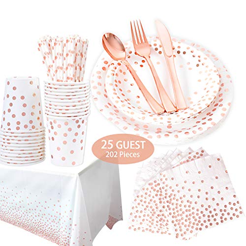 Product Cover 202 Piece Rose Gold Party Supplies Set | Disposable Dinnerware Set | Polka Dot | Services 25 with Rose Gold Cutlery Includes Plastic Knives, Spoons, Forks, Paper Plates, Napkins, Cups, straw,Tableclot