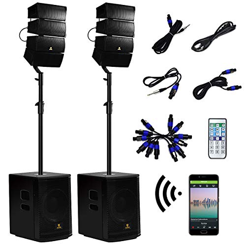 Product Cover AKUSTIK 12 Inch 4000Watt Powered PA Speaker System Combo Set, DJ Array Speaker Set with Remote Control, Two Subwoofers & 8 X Array Speakers Set, Bluetooth/USB/SD/RCA