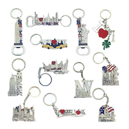 Product Cover 12 Pack Silver NYC Souvenir Collection New York Metal Keychain Ring Bundle Bulk Includes Empire State, Freedom Tower, Statue Of Liberty, USA Flag,NY Cab, Apple, Bottle Opener too And More