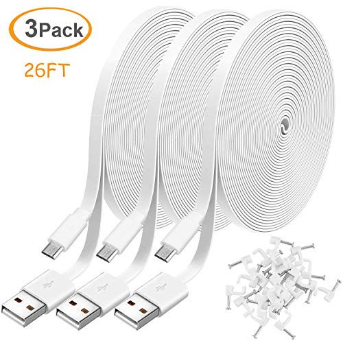 Product Cover 3 Pack 26FT Power Extension Cable for WyzeCam,WyzeCam Pan,KasaCam Indoor,NestCam Indoor,Yi Camera, Blink,Amazon Cloud Cam, USB to Micro USB Durable Charging Cord for Security Camera with Wire Clips