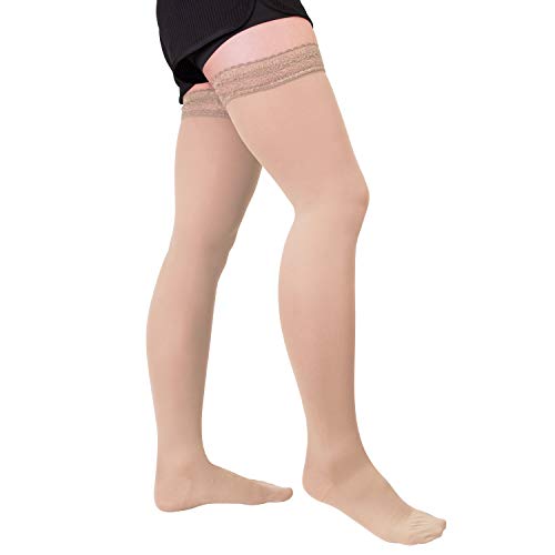 Product Cover +MD Non-slip Medical Graduated Compression Socks 15-20mmHg Thigh High Support Socks for Women - Varicose Veins, Blood Circulation, Air Travel NudeM
