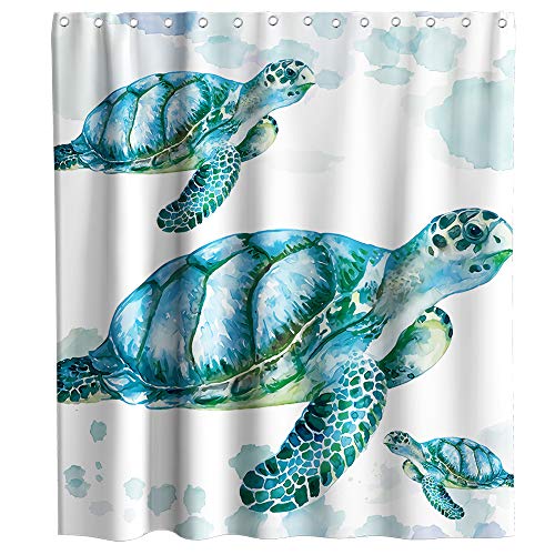 Product Cover Final Friday Sea Turtle Beach Nautical Theme Fabric Shower Curtain Sets Ocean Family Bathroom Decor with Hooks Waterproof Washable 72 x 72 inches White Blue and Green