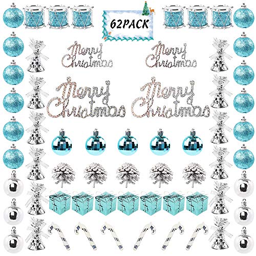 Product Cover FUNARTY 62ct Christmas Ball Ornaments Assorted Shatterproof Christmas Tree Balls Decorations with Hand-held Gift Package for Xmas Tree Holiday Wedding Party (Blue and Silver)