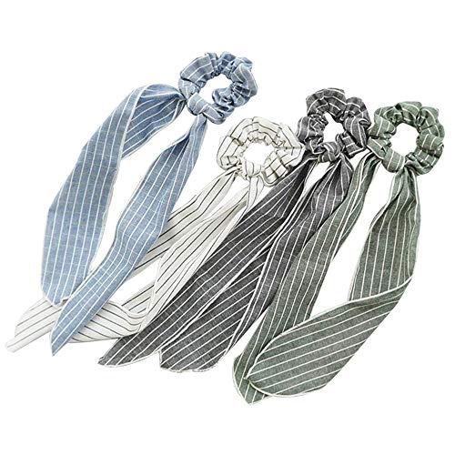 Product Cover 4Pcs Hair Scarves & Hair Scrunchies, Fashion Cotton Hair Ribbon Bow Scrunchies with Solid Colors, Soft Hair Scarf, Bunny Ear Scrunchies, Satin Scarf Hair Ties Bowknot Ponytail Holder for Women Girls