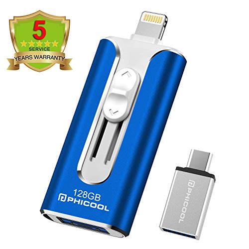 Product Cover USB Flash Drive Memory Stick iPhone Backup Drive Photo Stick Mobile iOS Flash Drive for iPhone OTG Android Type C Phone Stick Storage iPad USB 3.0 Flash Drive iPhone Jump Drive PHICOOL 128GB Blue