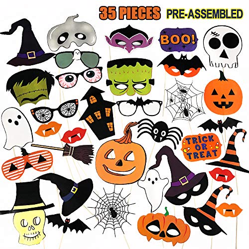 Product Cover PUSITI Halloween Photo Booth Props 35 Pieces Pre-assembled Party Favors Decorations Pumpkin Ghost Lips Skull Glasses Wizard Hat Spider Mask Pose Sign Kit