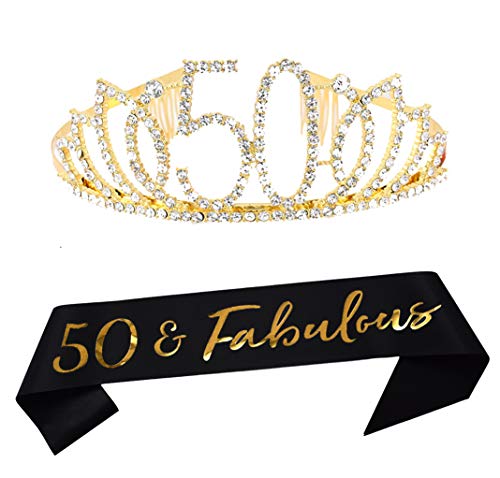 Product Cover 50th Birthday Tiara and Sash Happy 50th Birthday Party Supplies 50 Fabulous Black Glitter Satin Sash and Crystal Tiara Princess Birthday Crown for Women 50th Birthday Party Decorations