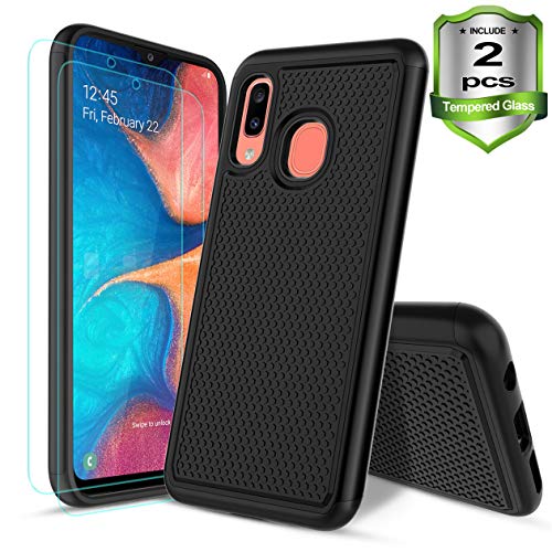 Product Cover Samsung Galaxy A20/A30 Case,W/[2-Pack]Tempered Glass Screen Protector Dual Layers Heavy Duty Protective Hard PC Football Lines Design Back Soft TPU Rubber Armor Defender Shockproof Phone Case.(Black)