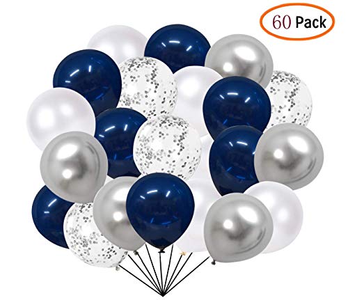 Product Cover 60 pcs Navy Blue and silvery Confetti Balloons， 12 inch Pearl White and silvery Metallic Party Balloons for Shower Wedding Engagement Birthday Graduation Supplies