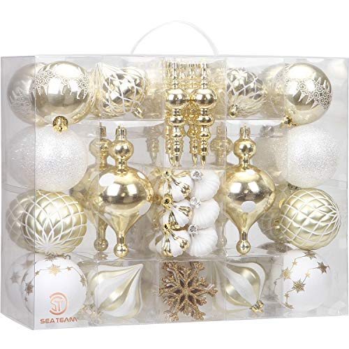 Product Cover Sea Team 85-Pack Assorted Shatterproof Christmas Ball Ornaments Set Decorative Baubles Pendants with Reusable Hand-held Gift Package for Xmas Tree (Gold & White)