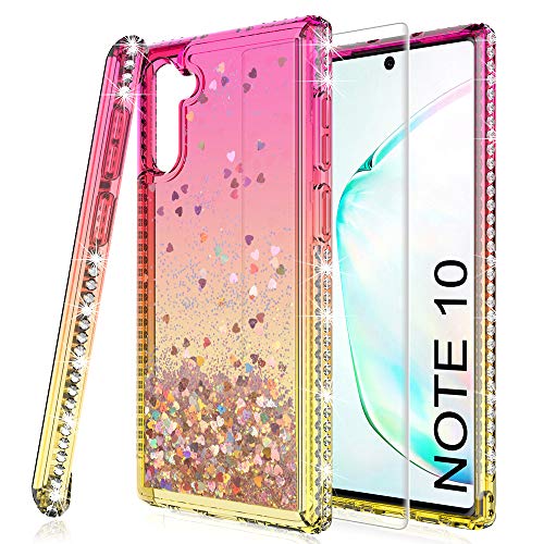 Product Cover HATOSHI Samsung Galaxy Note 10 Case (Not Fit Note 10 Plus) with Screen Protector [1 Pack] for Girls Women, Floating Glitter Sparkle Bling Clear Cute TPU Phone Cover for Galaxy Note 10 (Pink/Gold)