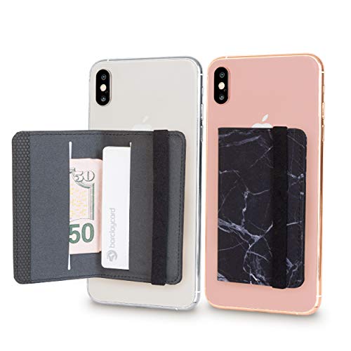 Product Cover Cell Phone Card Holder Stick on Wallet Phone Pocket for iPhone, Android and All Smartphones with Strap (Black Marble)