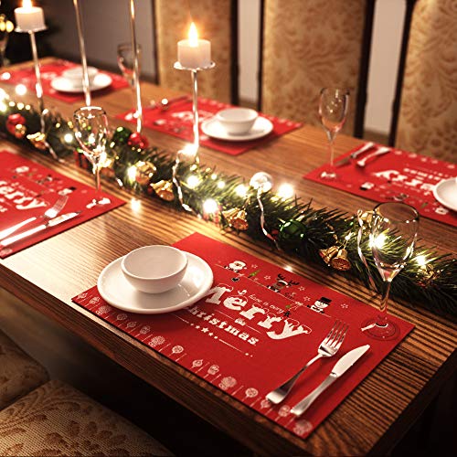 Product Cover AMFOCUS Merry Christmas Placemats Set of 6, with Reindeer Santa Snowman Printed, Non-Slip Place mats Washable Table Mats, 12 × 18 inch