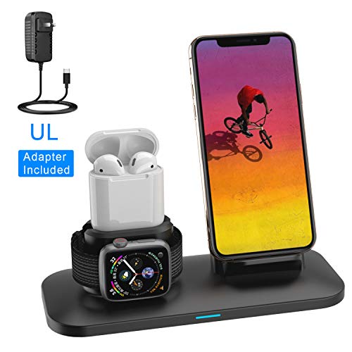 Product Cover Wireless Charger, 3 in 1 Charging Station for Apple, Wireless Charging Stand Apple Watch Charger for Apple Watch and iPhone Airpod Compatible for iPhone X/XS/XR/Xs Max/8 Plus iWatch 4 3 2 1 Airpods1 2