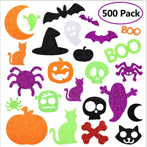 Product Cover WAASII Halloween Foam Stickers Glitter Foam Stickers Halloween Self-Adhesive Craft Stickers with Pumpkin Ghost Design for Halloween Party Decorations, 500 Pieces