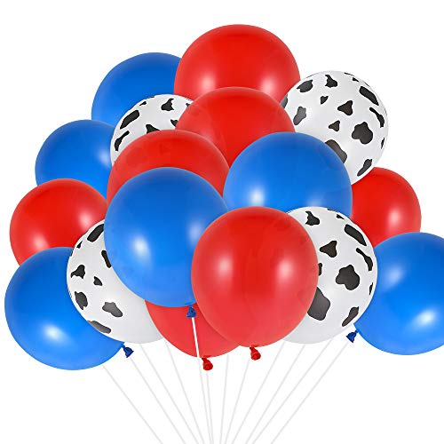 Product Cover Auihiay 50 Pieces 12 Inch Western Balloons Include Red Blue Cowboy Balloons Cow Print Balloons for Cowboy Party Decorations Baby Shower Western Decorations