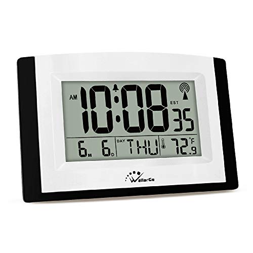 Product Cover WallarGe Atomic Clock,Digital Wall Clock Battery Operated,Alarm Clock with Table Stand,Digital Clock Large Display,Easy to Read Temperature,Date and Day of The Week.