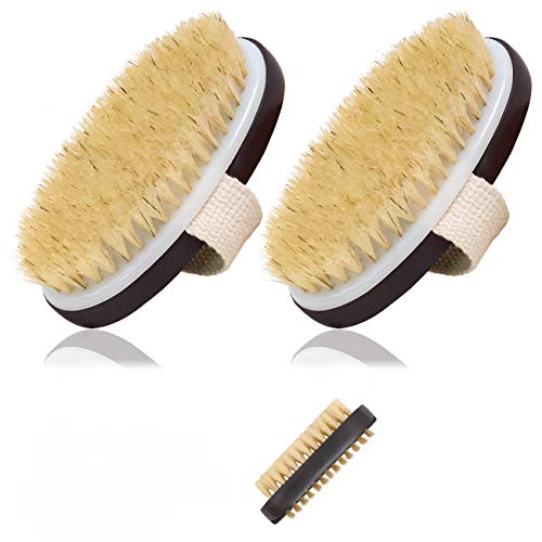 Product Cover Dry Skin Body Exfoliating Brush - Natural Boar Bristle Clean Dead Skin Massage Brush for Cellulite and Lymphatic with Free Nail Brush (Brown - Pack 2)