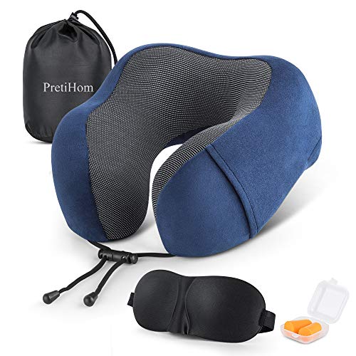 Product Cover PretiHom Travel Pillow, Neck Pillow for Airplane Travel 100% Pure Memory Foam with 3D Contoured Eye Masks Comfortable and Breathable 360° Head & Neck Support