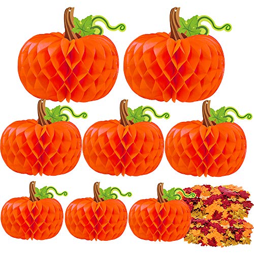 Product Cover Supla 8 Honeycomb Tissue Paper Pumpkins Centerpieces Hanging Fall Tissue Pumpkins and 2 Bags Fall Maple Leaves Foil Confetti Table Scatters for Thanksgiving Halloween Wedding Shower Party Decorations