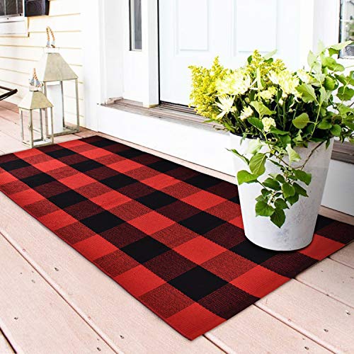 Product Cover Area Rug Classic Plaid Runner Rugs Hand Woven Stain Resistant Collection Area Rug Indoor Outdoor Floor Mat for Kitchen Entryway Laundry Bathroom Living Room Carpet (Red and Black, 23.6 × 51.2 Inches)
