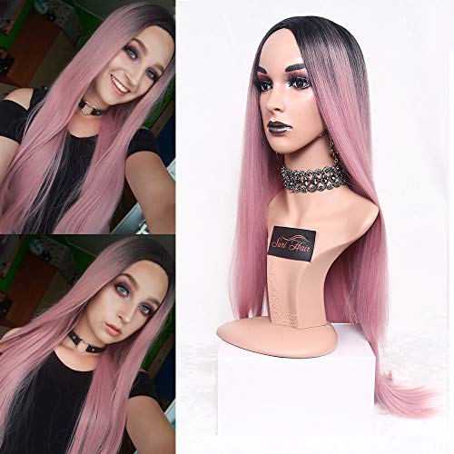 Product Cover 30 Inches Long Synthetic Wigs Silk Straight Female Ombre Pink Wig For Black Women Middle Part Cosplay Full Wig Dark Root Hair