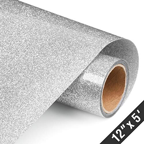 Product Cover Glitter Heat Transfer Vinyl HTV Rolls 12in.x5ft, Iron on HTV Vinyl Compatible with Silhouette Cameo & Cricut by TransWonder (Silver)