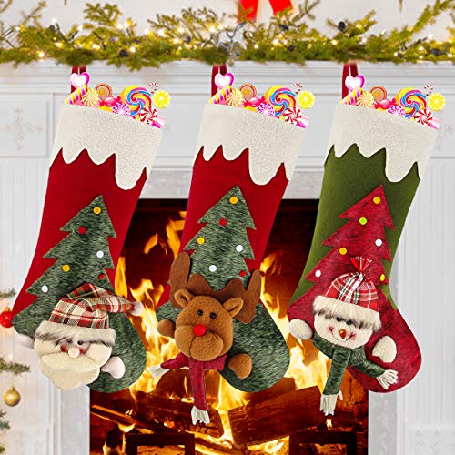 Product Cover Dreampark Christmas Stockings, 3 Pcs Big Xmas Stockings 3D Plush Santa Snowman Reindeer for Christmas Decorations Home Party Supplies and Kids Gifts (Style 5)