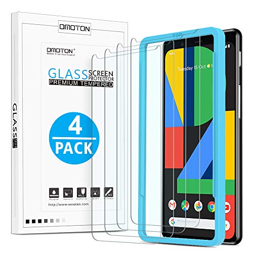Product Cover OMOTON [4 Pack] Screen Protector for Google Pixel 4, Tempered Glass/Alignment Frame/Scratch Resistant/Only Cover Display Area