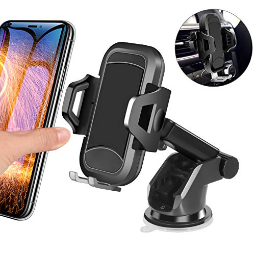 Product Cover Car Phone Mount, HENKUR Cell Phone Holder for Car Dashboard Windshield Air Vent, Upgraded Phone Stand Strong Suction Compatible with iPhone 11 pro Max X Xs XR 8 7 6s Plus SE, Galaxy S7,8,9,10 (Black)
