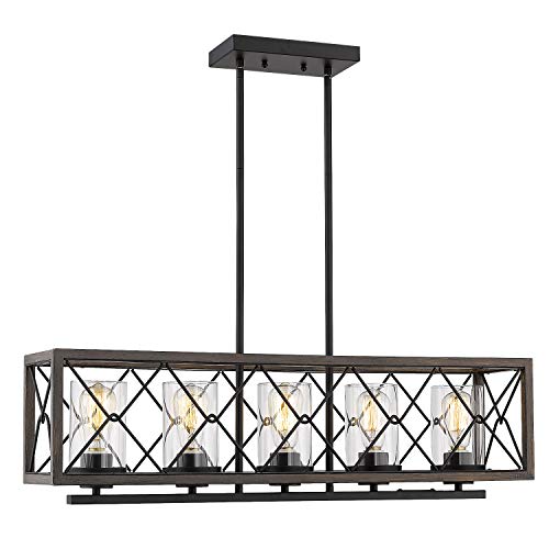 Product Cover Zeyu 5-Light Kitchen Island Lighting, Farmhouse Pendant Lighting with Clear Glass, Wood and Black Finish, 011-5 WF/BK