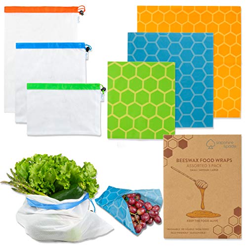 Product Cover Sapphire Spade Premium Assorted 3 Pack Beeswax Food Wrap and Produce Bags (6 Pack Bundle) | Reusable, Eco Friendly, Sustainable, Plastic Free Alternative Food Storage | Small, Medium, Large Sizes (6)