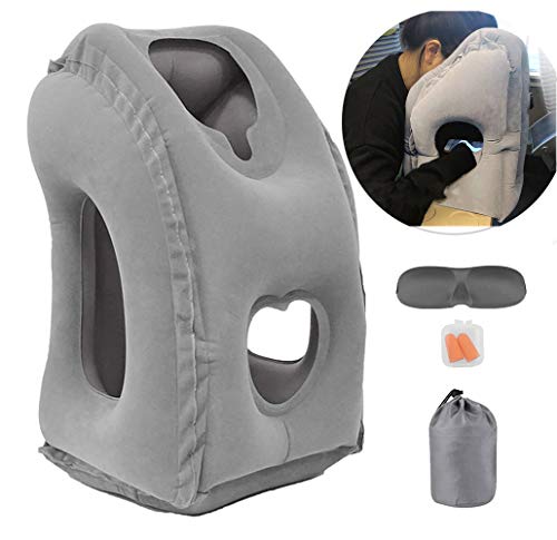 Product Cover Inflatable Travel Pillow for Airplane, inflatable Neck Air Pillow for Sleeping to Avoid Neck and Shoulder Pain, Comfortably Support Head, Neck and Lumbar, Used for Airplane, Car, Bus and Office (Grey)