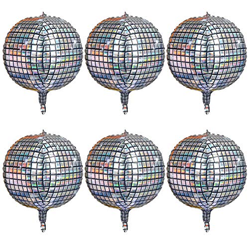 Product Cover 6 Count 22 Inch Disco Ball Balloon Silver laser 4D Large Inflatable Sphere Aluminum Foil Balloon Silver Mirror Balloon for Disco Dance Party Supplies Bouquet Wedding Baby Shower Decorations